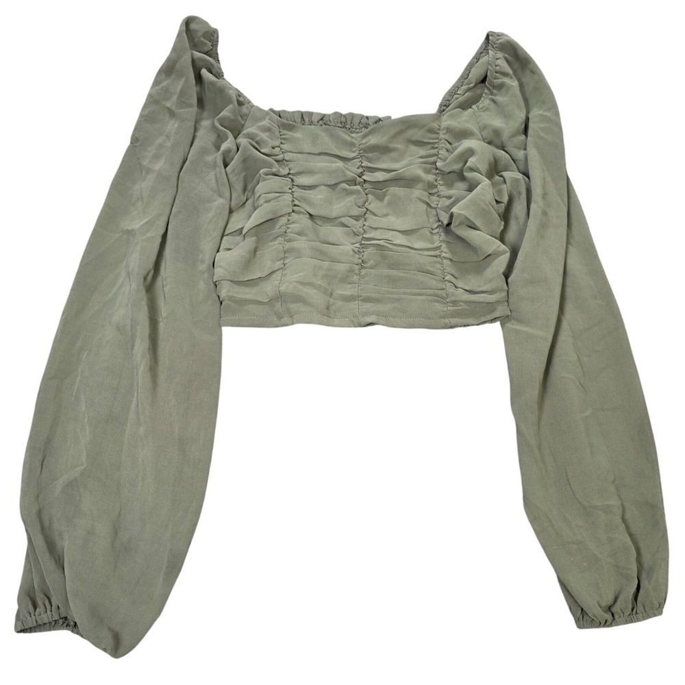 Altar'd State Crop Top Women's Size S‎ Olive Green Ruched Front Smocked Back